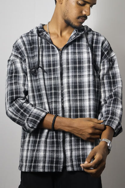 Men’s Black & White Checked Zip-Up Hoodie Shirt