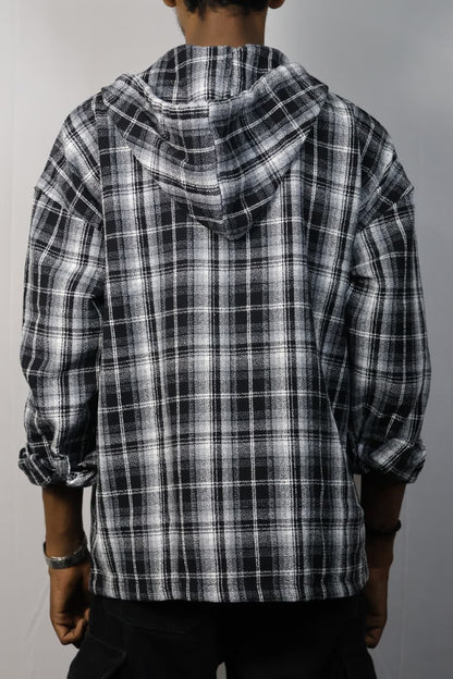 Men’s Black & White Checked Zip-Up Hoodie Shirt