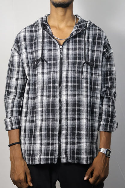 Men’s Black & White Checked Zip-Up Hoodie Shirt