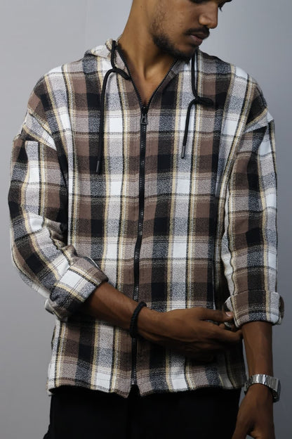 Men’s Brown & White Checked Zip-Up Hoodie Shirt
