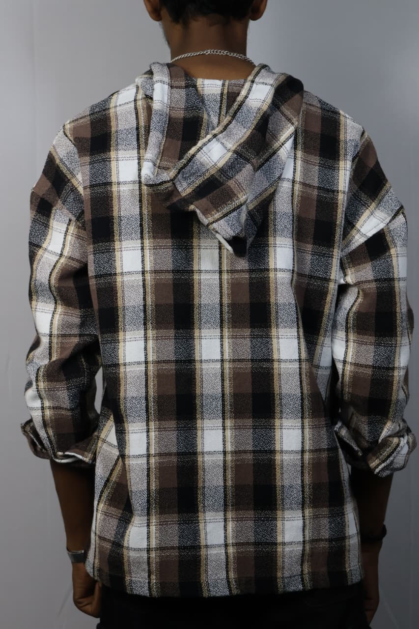 Men’s Brown & White Checked Zip-Up Hoodie Shirt