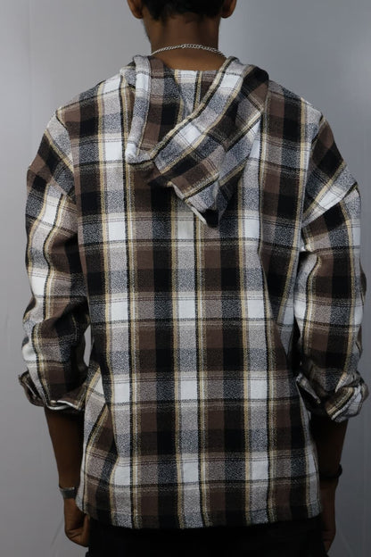 Men’s Brown & White Checked Zip-Up Hoodie Shirt
