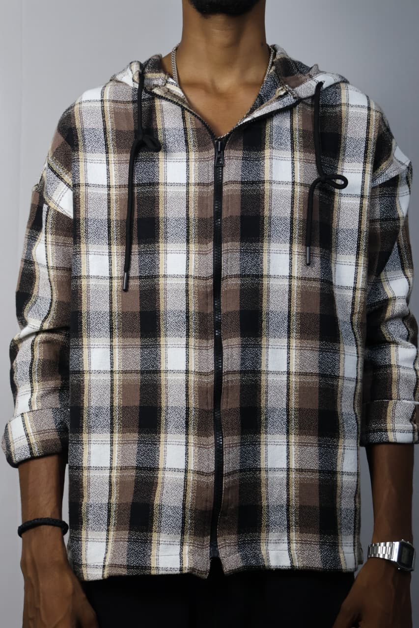 Men’s Brown & White Checked Zip-Up Hoodie Shirt