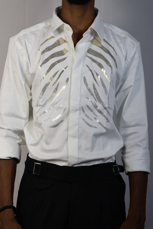 Zebra Stripe Embellished White Shirt & Black Trousers Set