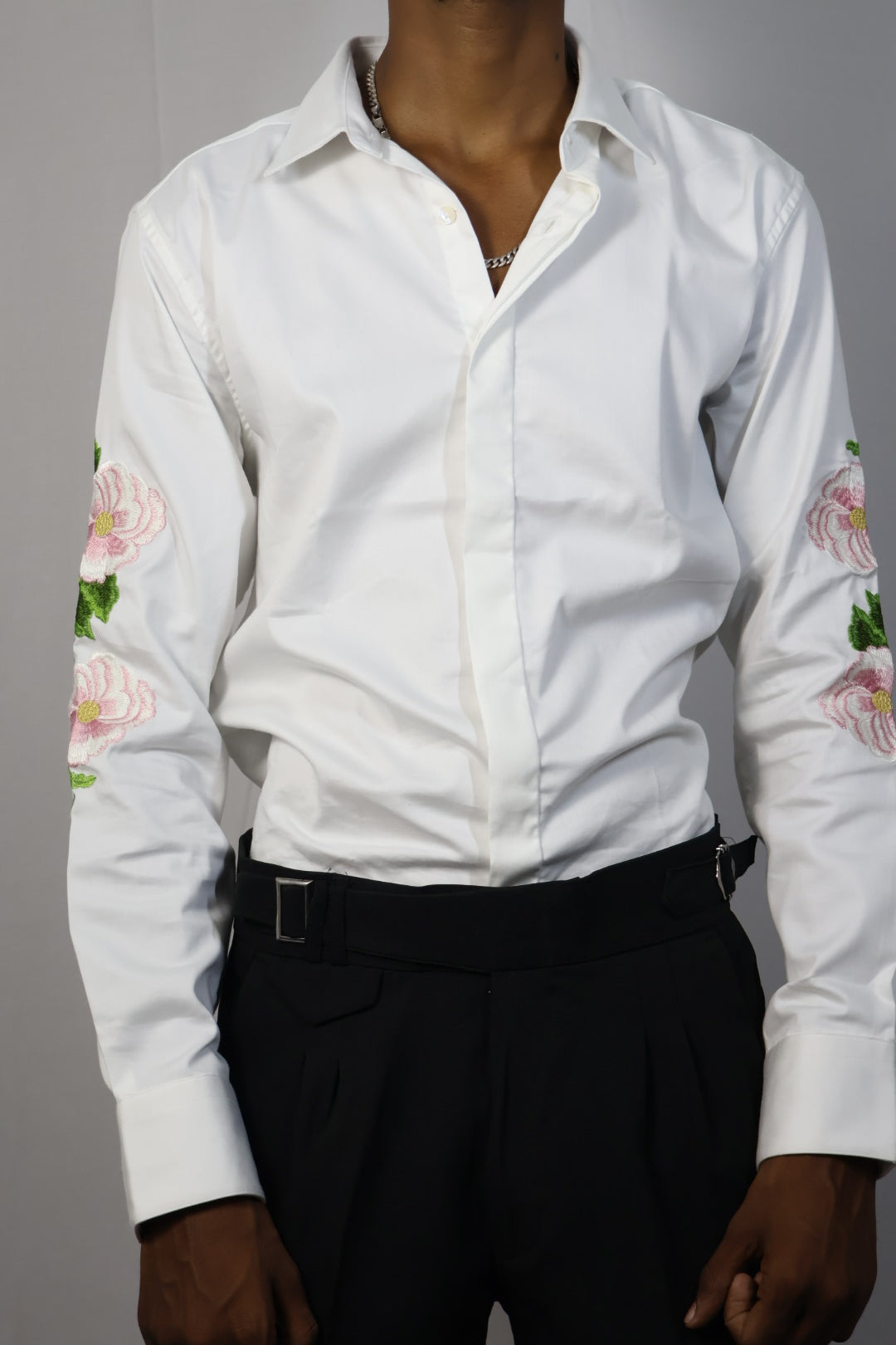Floral Embroidered White Shirt & Black Trousers Set