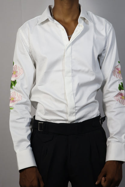 Floral Embroidered White Shirt & Black Trousers Set