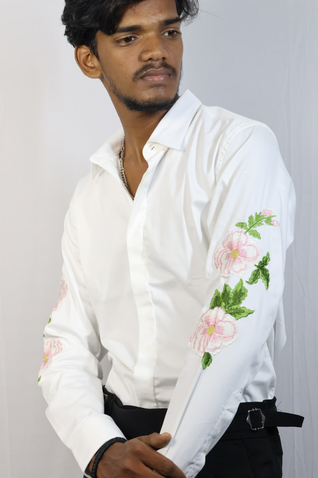 Floral Embroidered White Shirt & Black Trousers Set