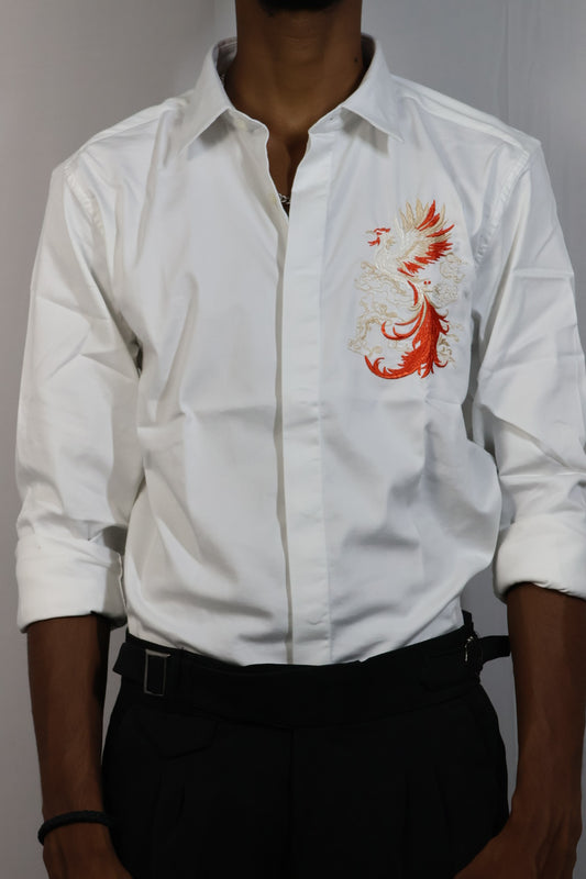 Phoenix Embroidered White Shirt & Black Trousers Set
