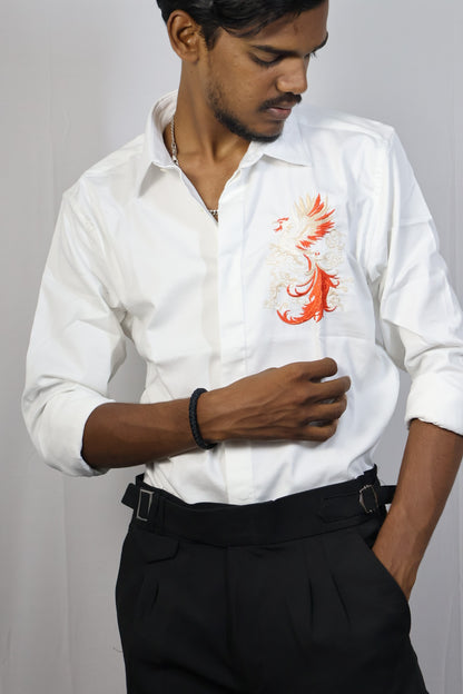 Phoenix Embroidered White Shirt & Black Trousers Set