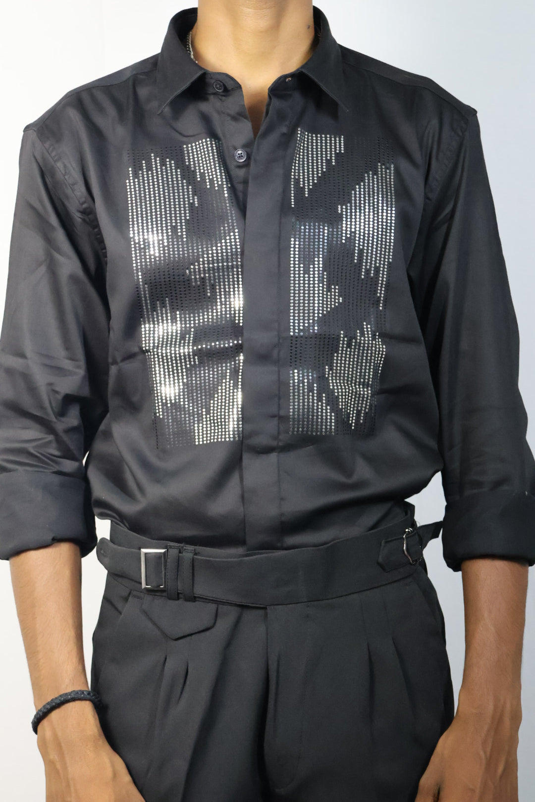 Abstract Sequin-Embellished Black Shirt & Trousers Set
