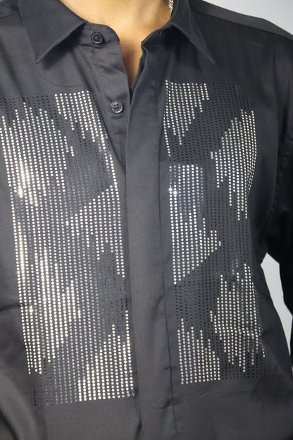 Abstract Sequin-Embellished Black Shirt & Trousers Set