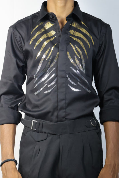 Tiger Stripe Embellished Black Shirt & Trousers Set
