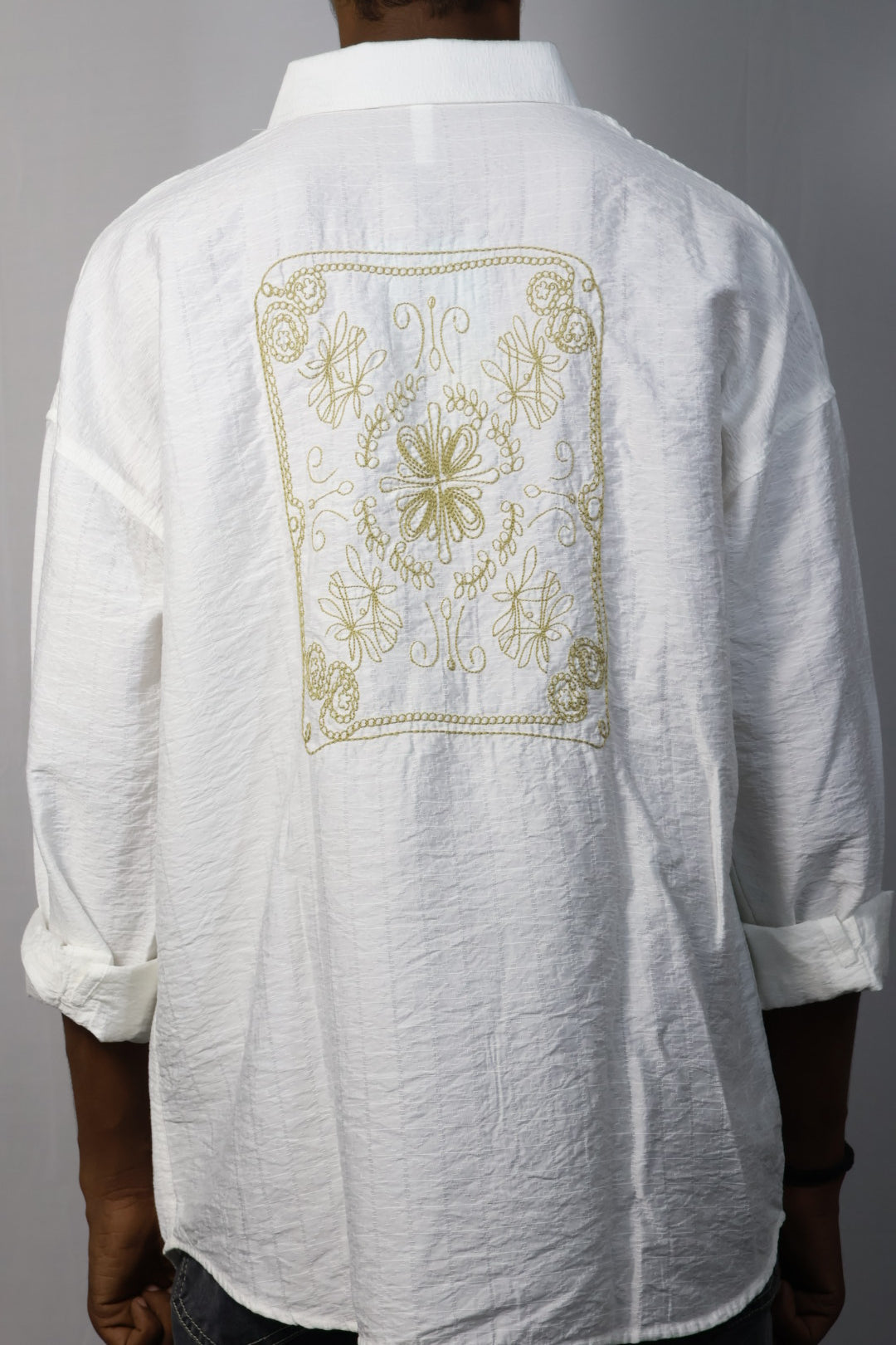 Classic White Textured Shirt with Embroidered Back Design