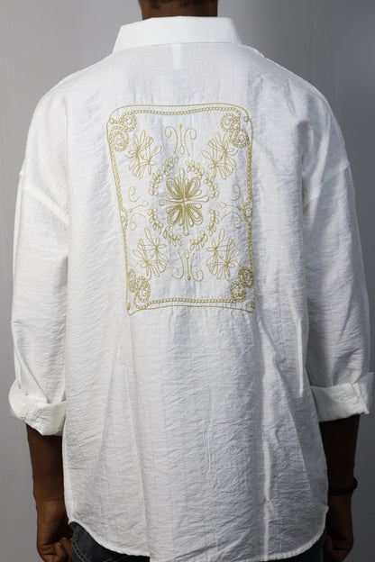 Classic White Textured Shirt with Embroidered Back Design