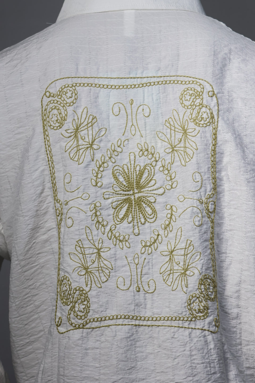 Classic White Textured Shirt with Embroidered Back Design