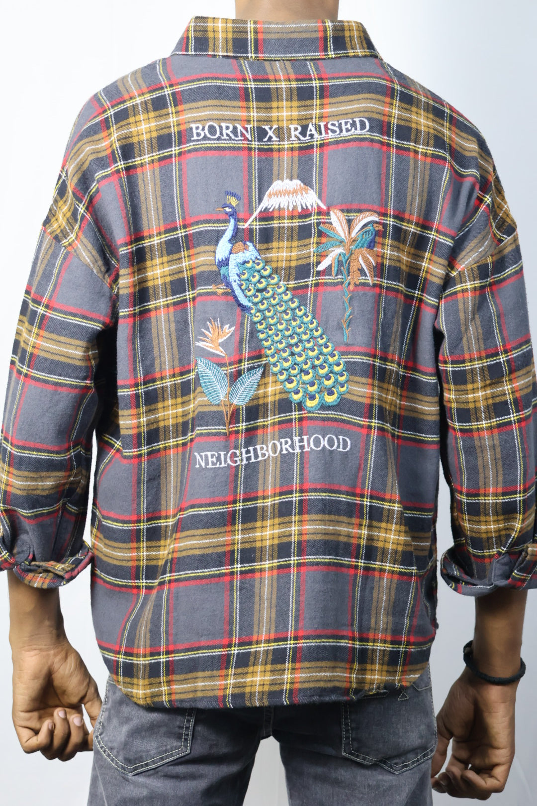 Multicolor Plaid Shirt with Peacock Embroidery