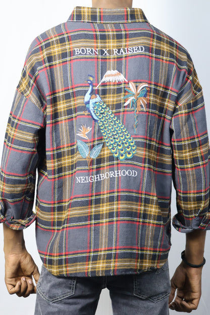 Multicolor Plaid Shirt with Peacock Embroidery