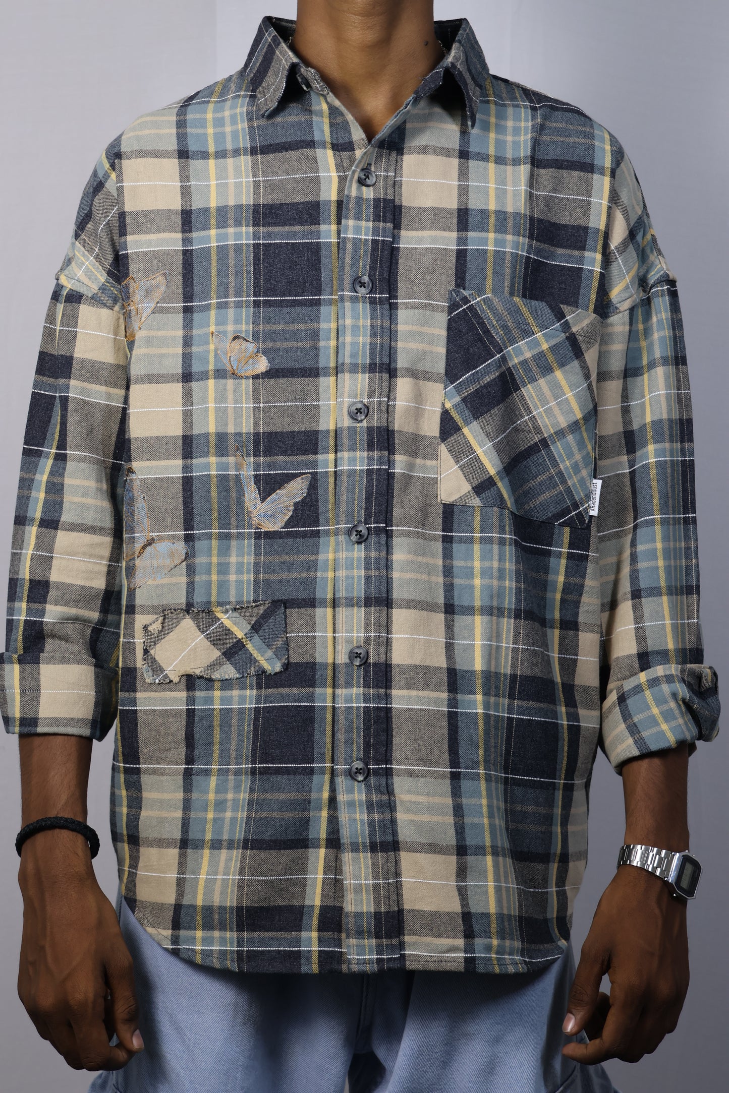 Men’s Oversized Plaid Shirt – Butterfly Patchwork Edition