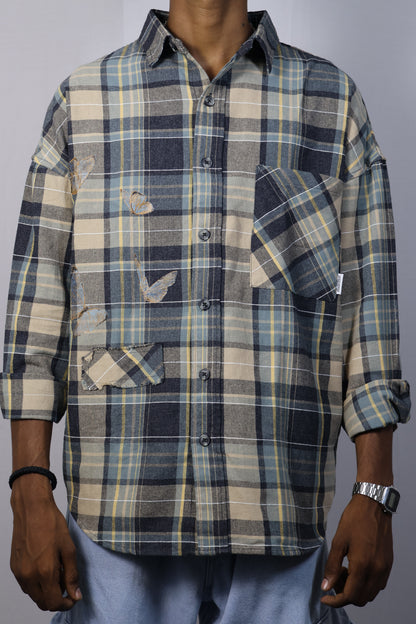 Men’s Oversized Plaid Shirt – Butterfly Patchwork Edition