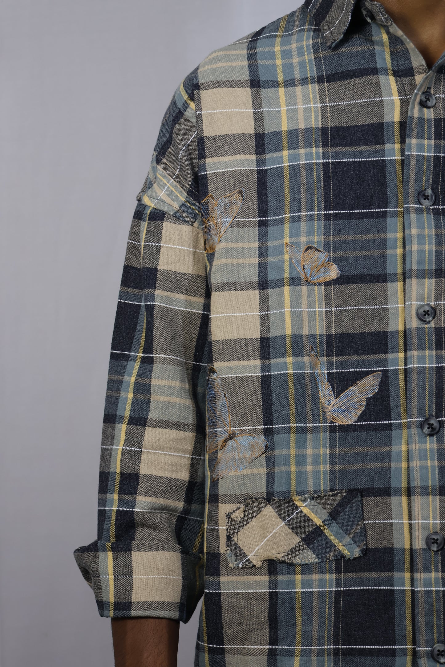 Men’s Oversized Plaid Shirt – Butterfly Patchwork Edition