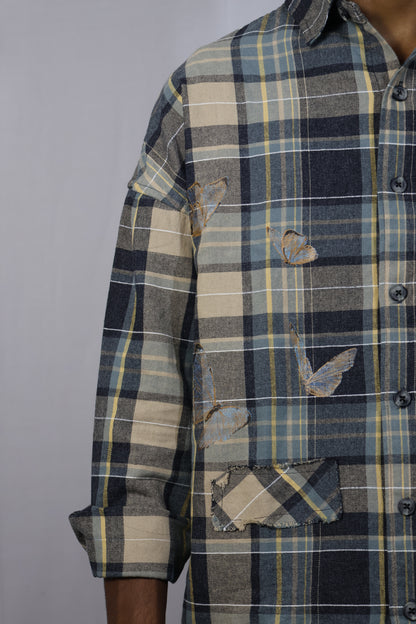 Men’s Oversized Plaid Shirt – Butterfly Patchwork Edition