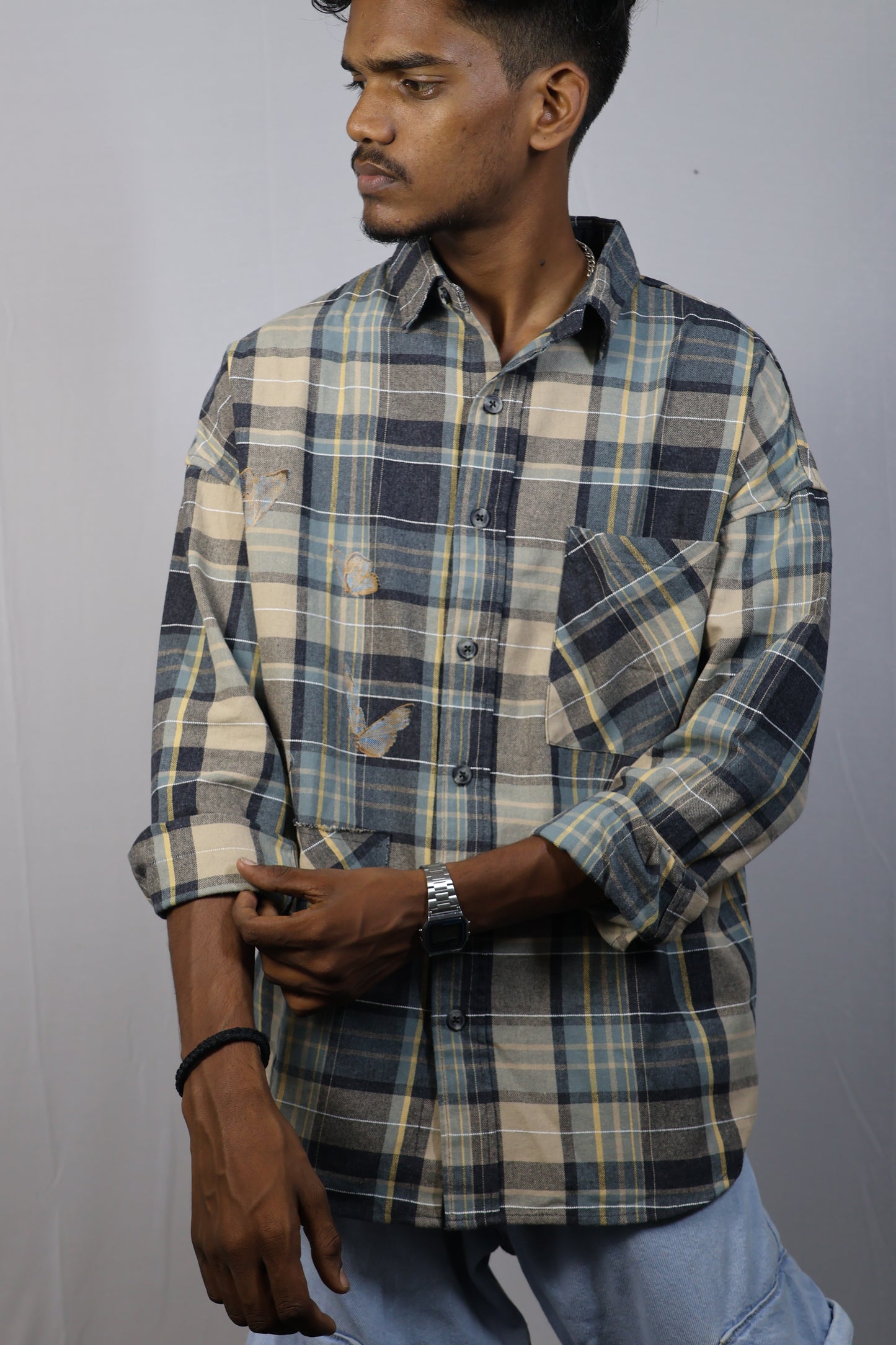Men’s Oversized Plaid Shirt – Butterfly Patchwork Edition