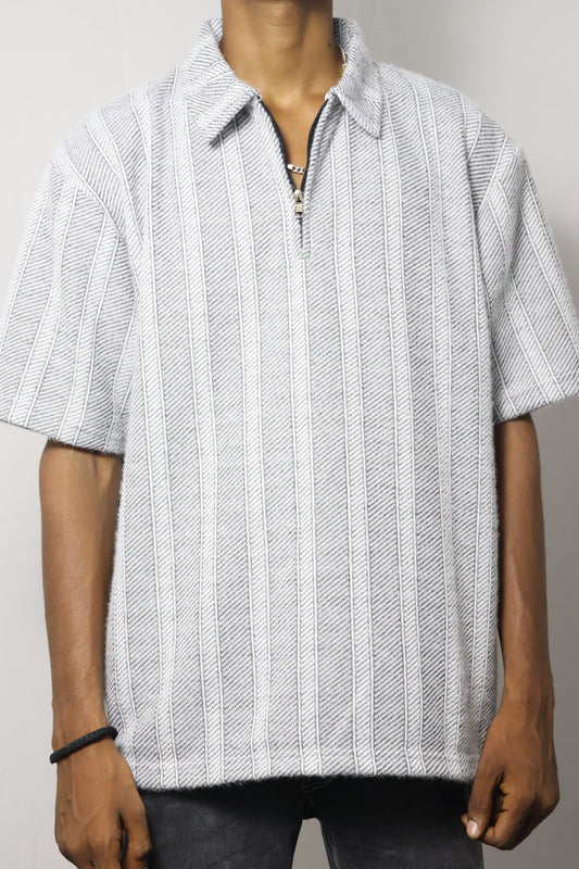 The 'Loft' Knit Zip Polo - Cloud White Stripe