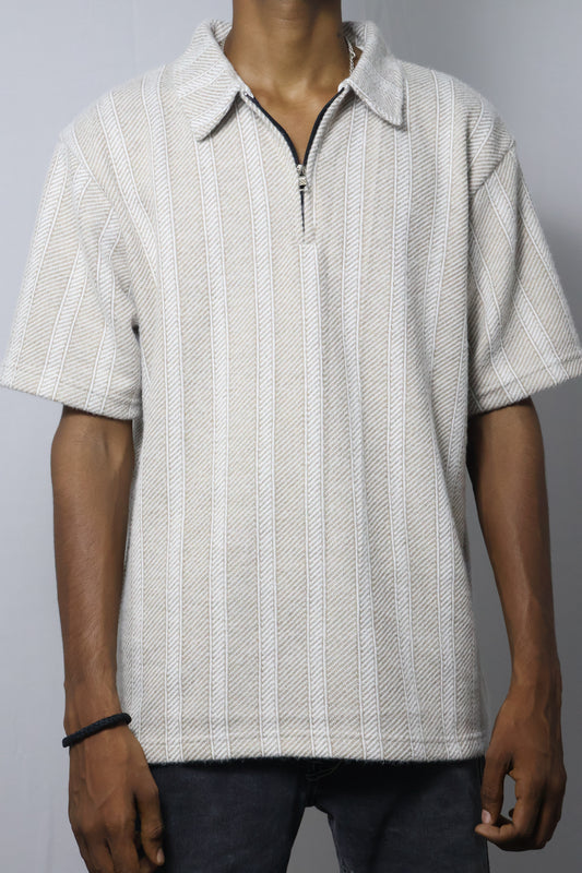 The 'Boardwalk' Half-Zip Knit Polo - Cream Herringbone
