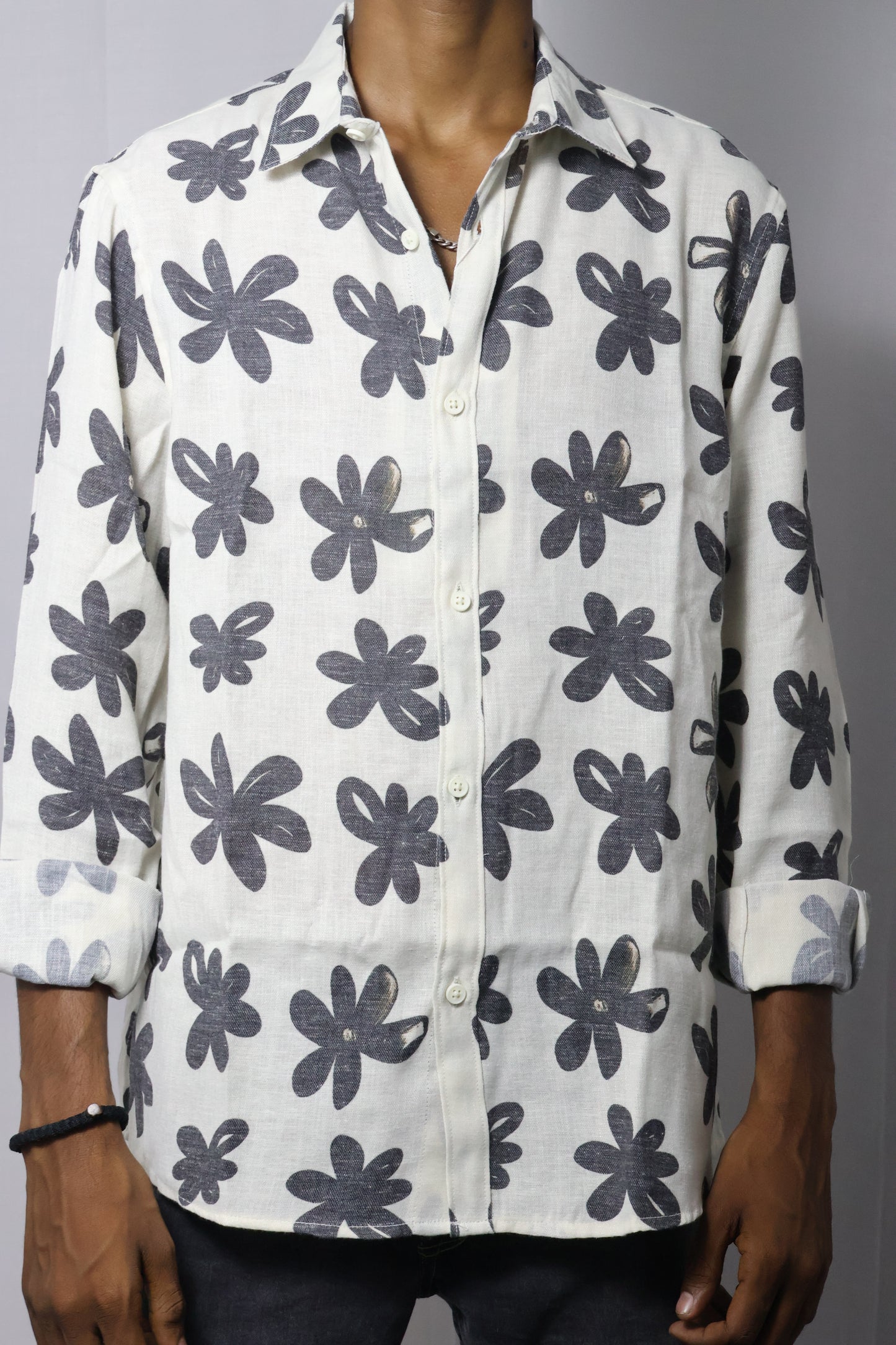 Abstract Bloom Button-Up Shirt - Cream & Charcoal