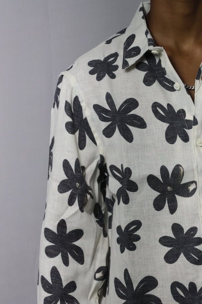 Abstract Bloom Button-Up Shirt - Cream & Charcoal