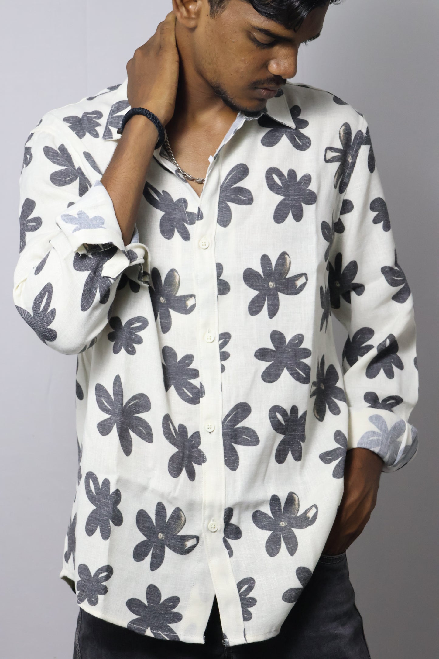 Abstract Bloom Button-Up Shirt - Cream & Charcoal
