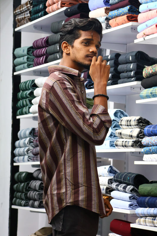 🤎 Brown Vertical Striped Casual Shirt – Lightweight & Stylish