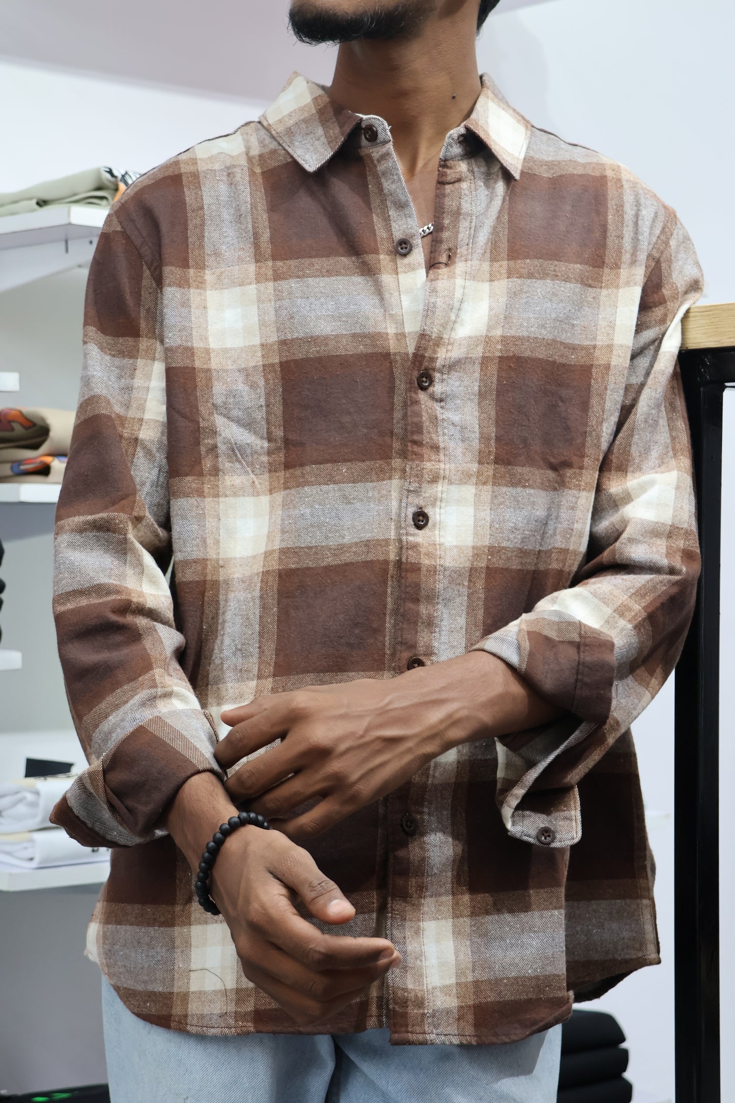 🍂 Brown Checked Flannel Shirt – “New Rose” Embroidered Edition