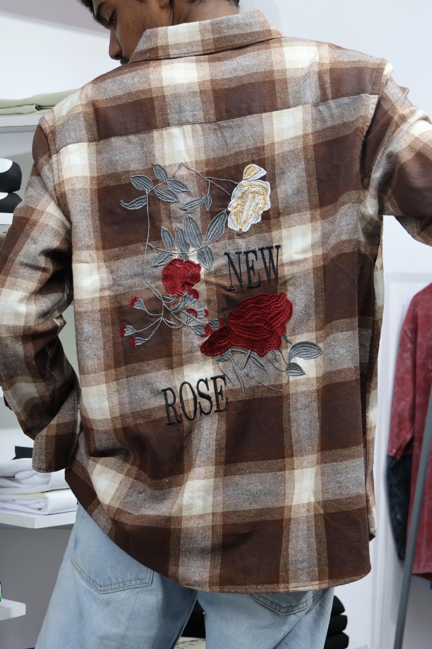 🍂 Brown Checked Flannel Shirt – “New Rose” Embroidered Edition