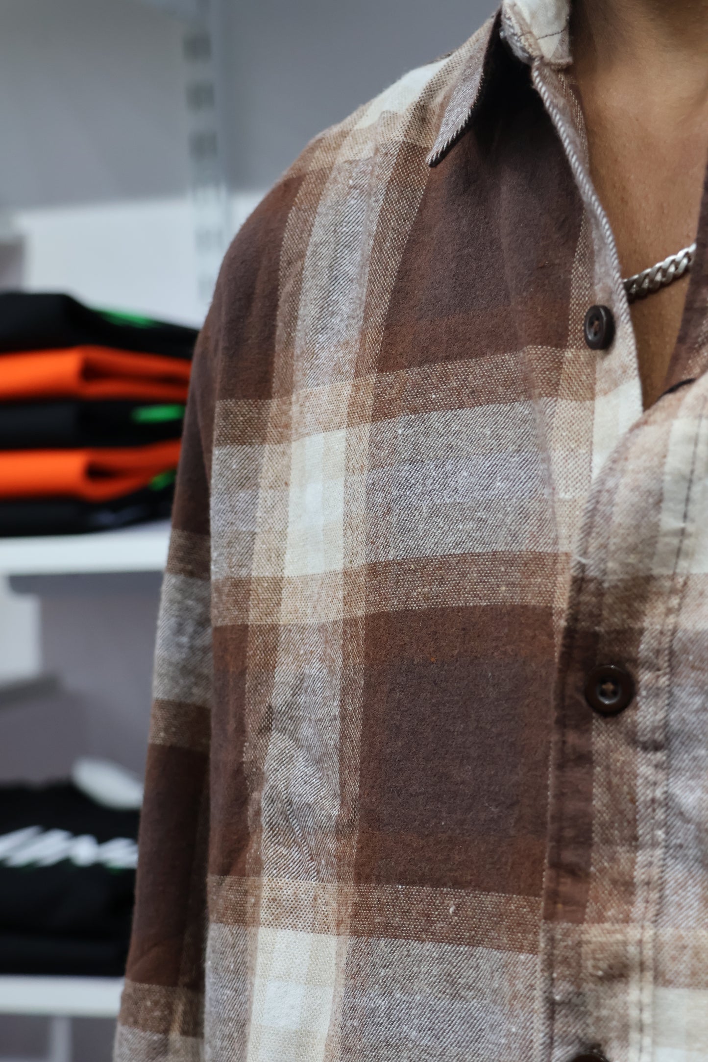 🍂 Brown Checked Flannel Shirt – “New Rose” Embroidered Edition