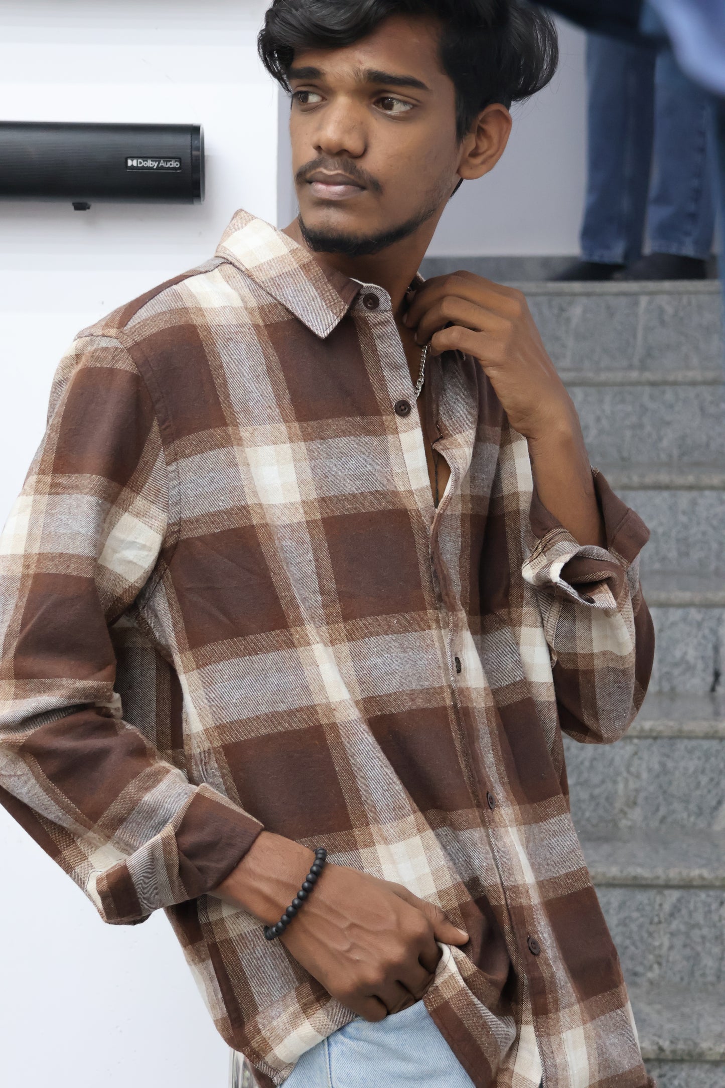 🍂 Brown Checked Flannel Shirt – “New Rose” Embroidered Edition