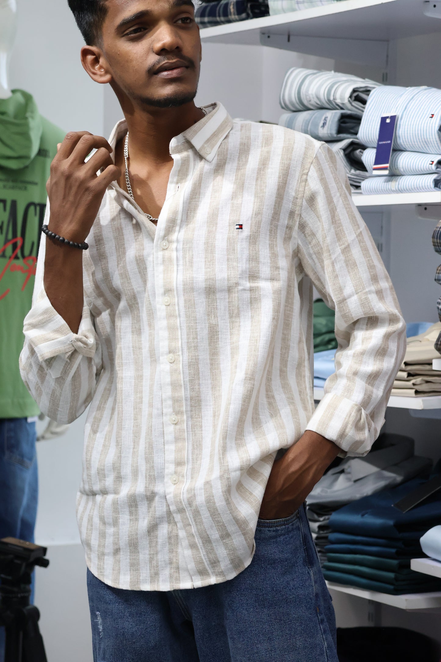 Beige & White Stripe Cotton Shirt – Timeless Casual Elegance