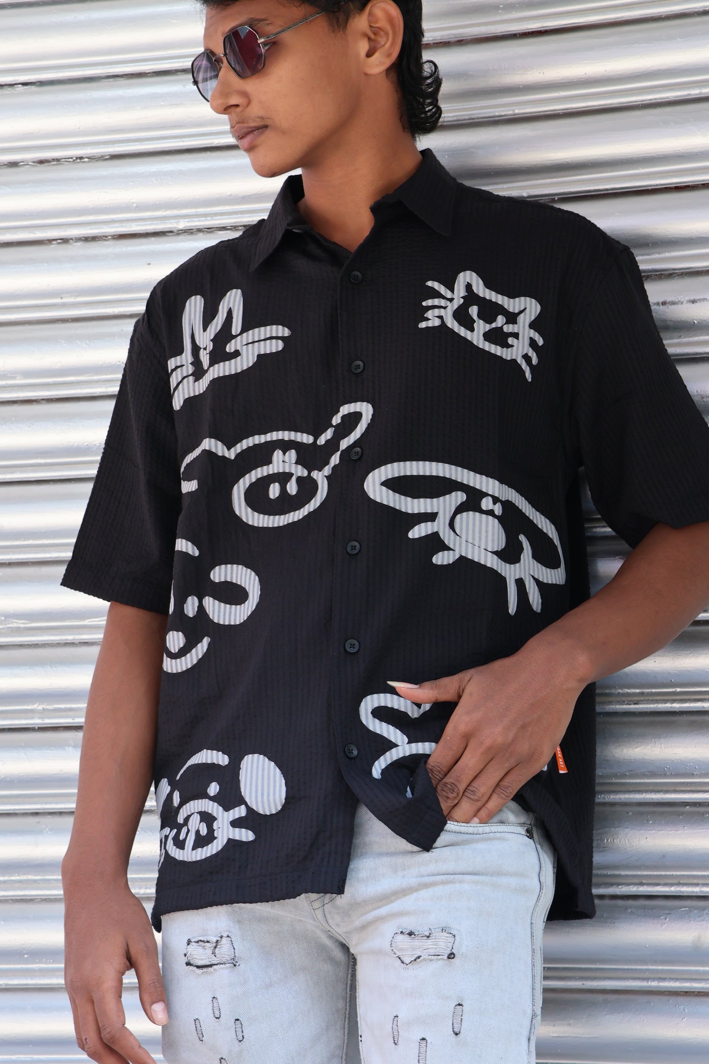 Abstract Print Textured Shirt – Black