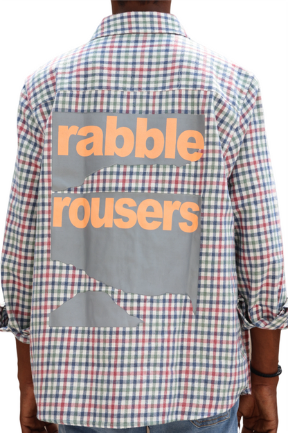 Oversized Multicolor Checked Shirt – Rabble Rousers Back Print (Peach Lettering)