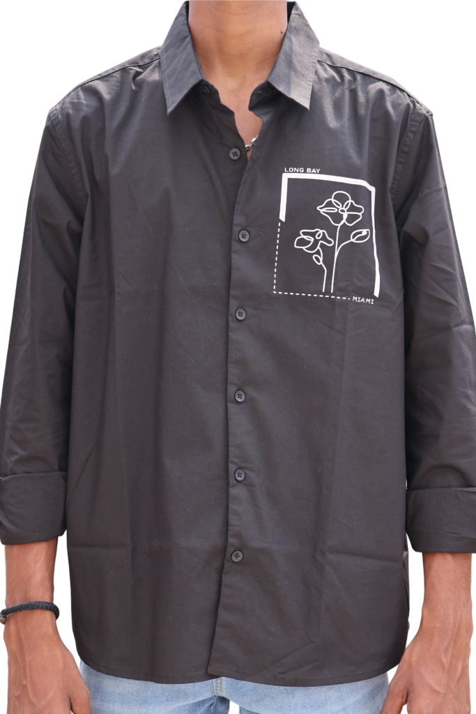 Black Casual Shirt – Floral Patch Print & “Participation” Back Detail