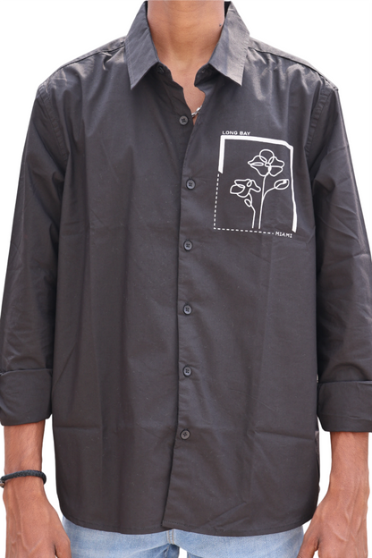 Black Casual Shirt – Floral Patch Print & “Participation” Back Detail