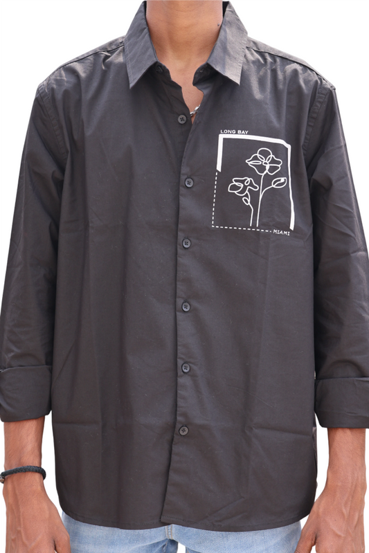 Black Casual Shirt – Floral Patch Print & “Participation” Back Detail