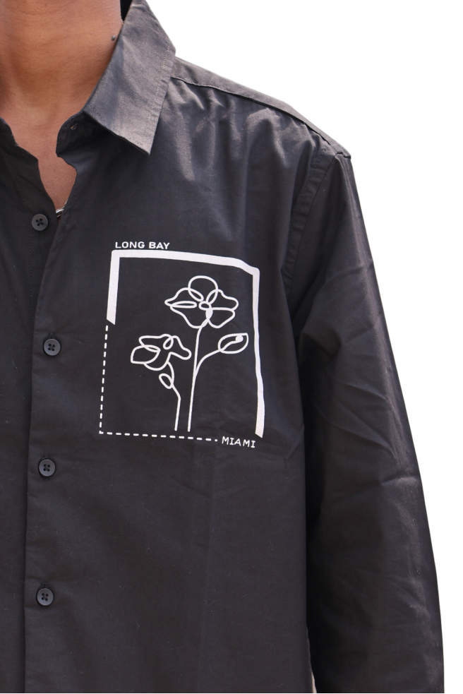 Black Casual Shirt – Floral Patch Print & “Participation” Back Detail