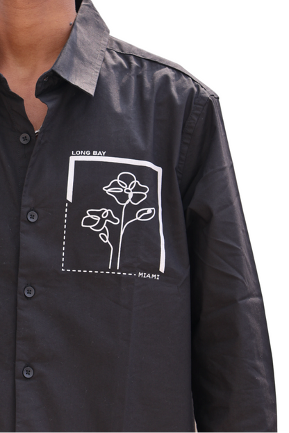 Black Casual Shirt – Floral Patch Print & “Participation” Back Detail