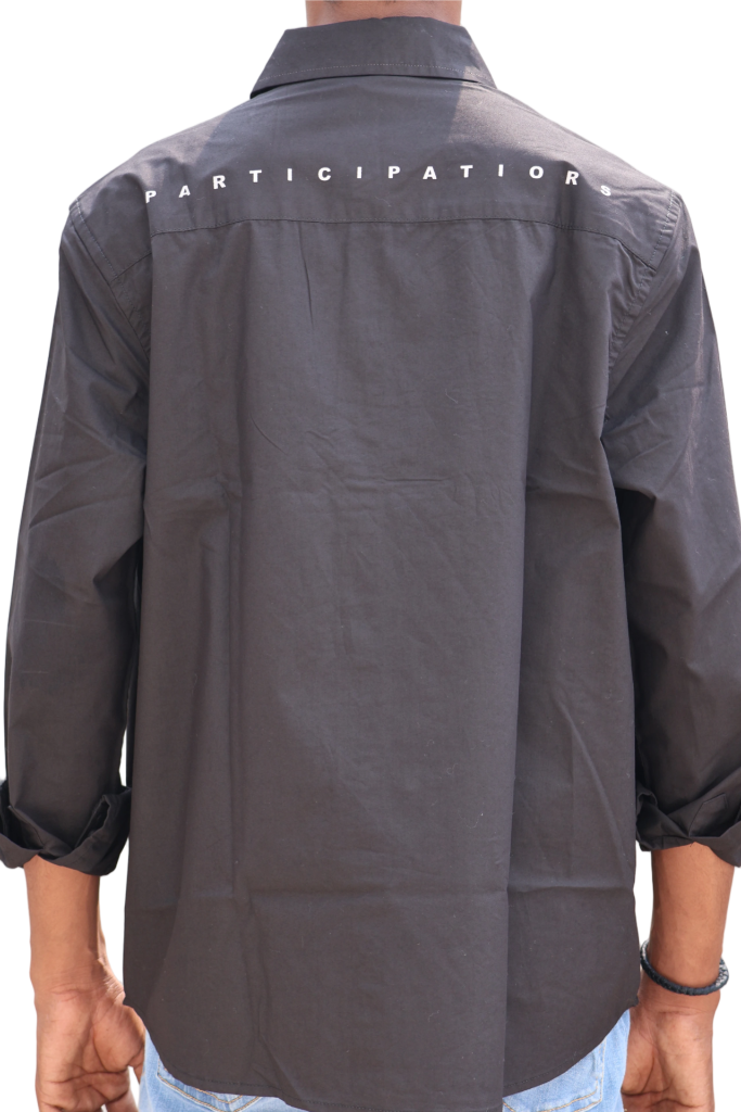 Black Casual Shirt – Floral Patch Print & “Participation” Back Detail