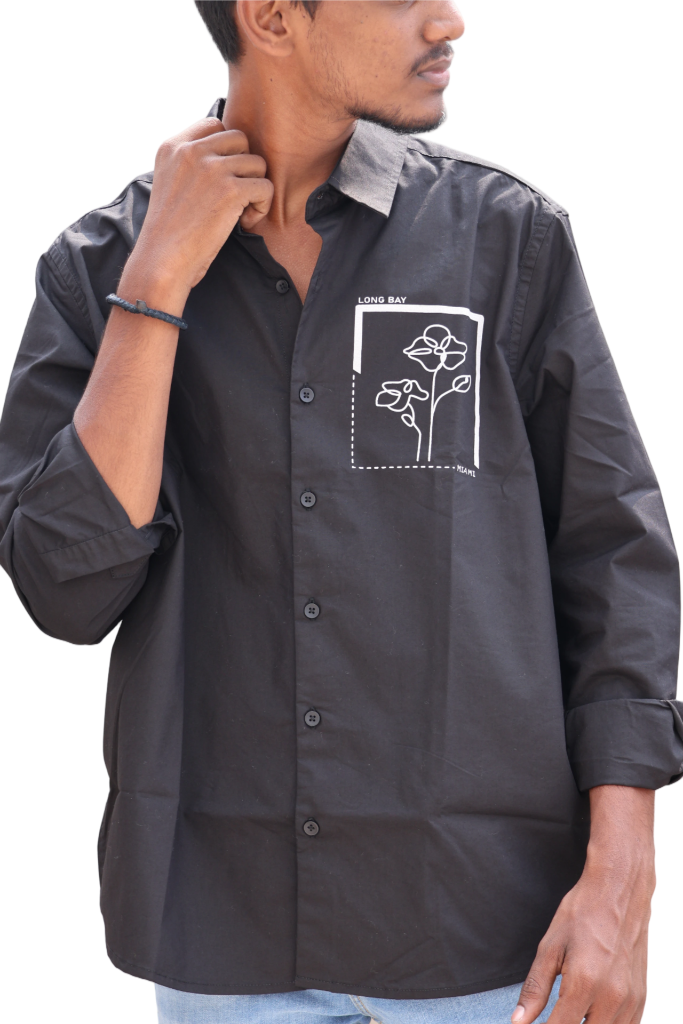 Black Casual Shirt – Floral Patch Print & “Participation” Back Detail